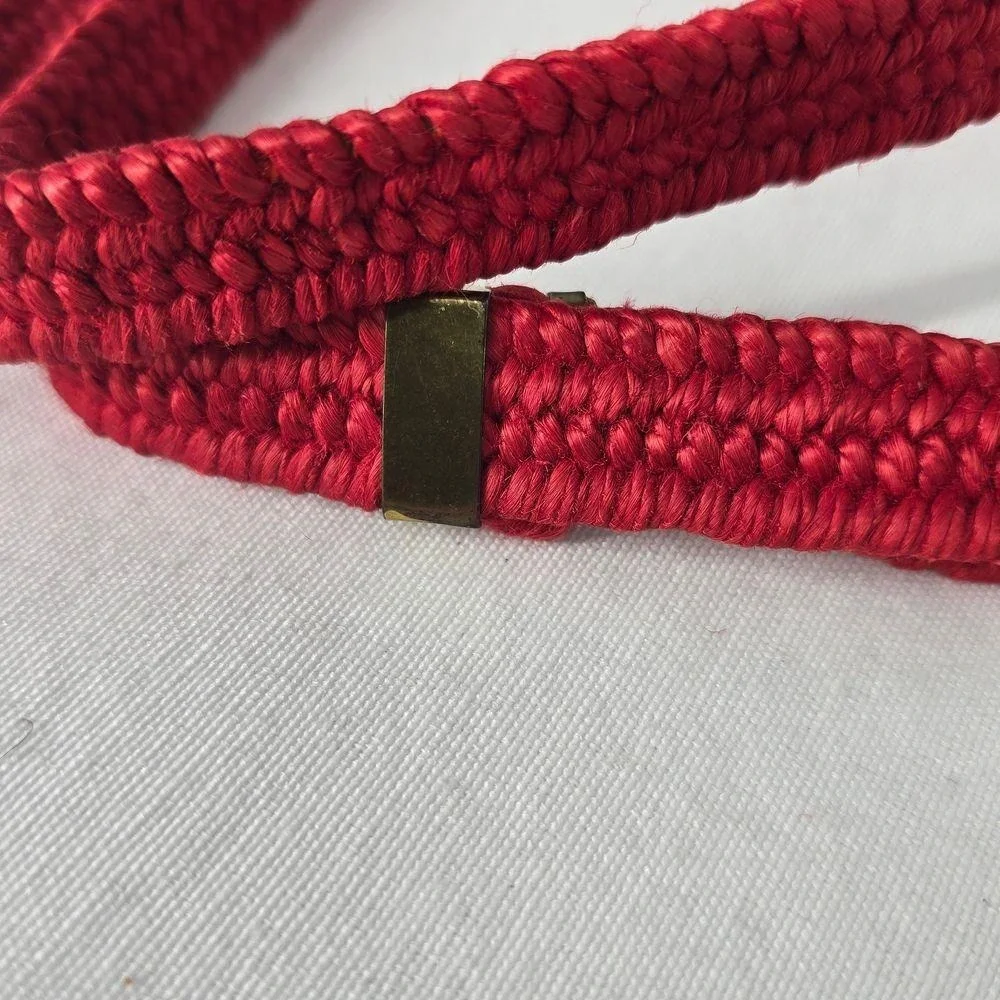 Vintage Red Woven Braided Skinny Belt Gold Horseshoe Buckle Adjustable Cinch‎